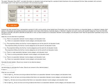 The report "Education Pays 2016"t provided information on education level and earnings for a sample of adult Americans who are employed full-time. Data consistent with summary
percentages given in the report are summarized in the accompanying table.
High School
Diploma
Associate
Degree
Bachelor's
Degree
USE SALT
Less than $20,000 to $40,000 to
$20,000 $39,999
$59,999
,2
8
11
46
69
57
161
105
55
101
$60,000
or more
243
63
82
Suppose this data resulted from a representative sample of 1,001 working adults whose highest level of education was a high school diploma, an Associate degree, or a Bachelor's degree. Each
person in the sample was classified according to education level (high school diploma, Associate degree, or Bachelor's degree) and yearly income with possible categories of less than $20,000,
$20,000 to $39,999, $40,000 to $59,999 and $60,000 or more. Is there evidence of an association between income category and education level? Test the appropriate hypotheses using a 0.05
significance level.
State the null and alternative hypotheses.
O Ho: There is an association between income category and education level.
H: There is no association between income category and education level.
оно
The proportions falling into the four income categories are not the same for all education levels.
The proportions falling into the four income categories are the same for all education levels.
O Ho: The proportions falling into the four income categories are the same for all education levels.
The proportions falling into the four income categories are not the same for all education levels.
O Ho: There is a weak association between income category and education level.
H₂: There is a strong association between income category and education level.
O Ho: There is no association between income category and education level.
H₂: There is an association between income category and education level.
Calculate the test statistic. (Round your answer to two decimal places.)
Use technology to calculate the P-value. (Round your answer to four decimal places.)
P-value =
What can you conclude?
O Fail to reject Ho. We have convincing evidence that there is an association between income category and education level.
O Reject Ho. We do not have convincing evidence that there is an association between income category and education level.
O Reject Ho. We have convincing evidence that there is an association between income category and education level.
Fail to reject Ho. We do not have convincing evidence that there is an association between income category and education level.