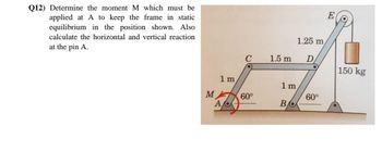 Q12) Determine the moment M which must be
applied at A to keep the frame in static
equilibrium in the position shown. Also
calculate the horizontal and vertical reaction
at the pin A.
1 m
C
M 60°
A/C
1.25 m,
1.5 m D
1 m,
BO
60°
E
150 kg