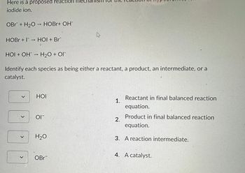 Here is a proposed reaction mechal
iodide ion.
OBr + H₂O → HOBr+ OH-
HOBr + I→ HOI + Br
HOI + OH → H₂O + Ol
Identify each species as being either a reactant, a product, an intermediate, or a
catalyst.
HOI
OI
H₂O
✩
OBr
1.
Reactant in final balanced reaction
equation.
Product in final balanced reaction
equation.
3. A reaction intermediate.
2.
4. A catalyst.