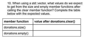 10. When using a std::vector, what values do we expect
to get from the size and empty member functions after
calling the clear member function? Complete the table
below with the expected values.
member function value after donations.clear()
donations.size()
donations.empty()