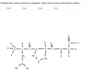 Combine these amino acids into a tripeptide. Add or remove atoms and bonds as needed.
Select
H
H
H C
Draw
H
CH₂
- ਮੈਂ
CH,
.
C
HC
N
Rings
CH,
More
H
C
H