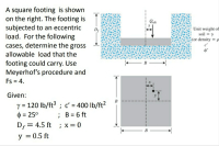 A square footing is shown
on the right. The footing is
subjected to an eccentric
load. For the following
cases, determine the gross
Qult
Unit weight of
soil = y
(or density = f
allowable load that the
footing could carry. Use
Meyerhof's procedure and
Fs = 4.
Given:
y = 120 lb/ft3 ; c' = 400 lb/ft?
$ = 25°
%D
%3D
; B = 6 ft
%3D
D, = 4.5 ft ; x = 0
В
y = 0,5 ft
