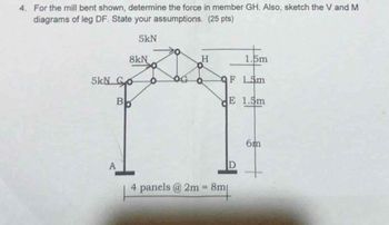 4. For the mill bent shown, determine the force in member GH. Also, sketch the V and M
diagrams of leg DF. State your assumptions. (25 pts)
5kN
8kN
5kN Go
Bo
H
1.5m
QF 15m
E 1.5m
4 panels @ 2m
= 8m
6m