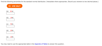 Find the following percentiles for the standard normal distribution. Interpolate where appropriate. (Round your answers to two decimal places.)
(a)
I USE SALT
81st
(b)
19th
(c)
75th
(d) 25th
(e) 10th
You may need to use the appropriate table in the Appendix of Tables to answer this question.