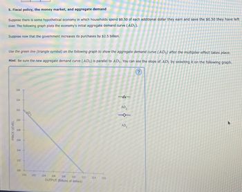 PRICE LEVEL
5. Fiscal policy, the money market, and aggregate demand
Suppose there is some hypothetical economy in which households spend $0.50 of each additional dollar they earn and save the $0.50 they have left
over. The following graph plots the economy's initial aggregate demand curve (AD1).
Suppose now that the government increases its purchases by $2.5 billion.
Use the green line (triangle symbol) on the following graph to show the aggregate demand curve (AD) after the multiplier effect takes place.
Hint: Be sure the new aggregate demand curve (AD2) is parallel to AD₁. You can see the slope of AD₁ by selecting it on the following graph.
(?)
116
114
112
AD
110
108
106
104
102
100
100
102
104
106
108
110
112
114
116
OUTPUT (Billions of dollars)
4 4
AD₂
4
AD3