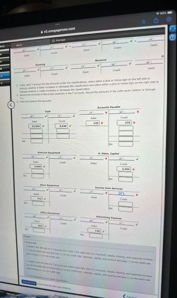 ion)
eBook
4
Debit
Debit
v2.cengagenow.com
Drawing
Print Item
Credit
Credit
Debit
Debit
Revenue
+
Credit
Debit
Credit
Debit
2. Under each T account for the accounts under the classifications, select either a plus or minus sign on the left side to
indicate whether a Debit increases or decreases the classification and select either a plus or minus sign on the right side to
indicate whether a Credit increases or decreases the classification..
3. Record the amounts in the proper positions in the T accounts. Record the amounts in the order given (letters 'a' through
'h').
4. Foot and balance the accounts.
<
Bal.
Bal
Debit
33,000
+4
Cash
Accounts Payable
X
+
Debit
Credit
130 X
9,640
Exercise Equipment
Bal.
G. Elden, Capital
x
Debit
Credit
Debit
9,640 ✔
Store Equipment
Bal..
x
Credit
270 X
+
Credit
2,390 X
Income from Services
x
Debit
Credit
Debit
770 V
Bal.
Office Equipment
Debit
Credit
450 V
Bal.
x
Credit
Bal.
Advertising Expense
F
Debit
Credit
130 V
Bal.
Check My Work
1. Debit is the left side of a T-account and credit is the right side of a T-account. Assets, drawing, and expenses increase
(+) on the debit side and decrease (-) on the credit side. Liabilities, capital, and revenue decrease (-) on the debit side
and increase (+) on the credit side.
2. Debit is the left side of a Traccount and credit is the right side of a T-account. Assets, drawing, and expenses increase
(+) on the debit side and decrease (-) on the credit side. Liabilities, capital, and revenue decrease (-) on the debit side
and increase (+) on the credit side.
f. This transaction is an owner contribution.
Check My Work 2 more Check My Work uses remaining
Previou
All work saved
93%
E