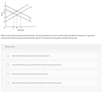 Price
HG
F
E
O
A B C
Quantity
Multiple Choice
S₁
52
D2
·D₁
Refer to the provided supply-and-demand graph. S₁ and D₁ represent the current market supply and demand, respectively. S2 and D2
represent the total-cost supply and total-benefits demand. The positions of the graphs indicate that there are
external benefits from producing and consuming the product.
external benefits from producing and external costs from consuming the product.
external costs from producing and consuming the product.
external costs from producing and external benefits from consuming the product.