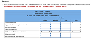 Required:
1. Prepare a schedule showing TCC's total selling cost for each order size and the per-skein selling cost within each order size.
Note: Round your intermediate calculations and unit cost per order to 2 decimal places.
TEXTILE CRAFT COMPANY
Computation of Selling Costs
By Order Size and Per Skein Within Each Order Size
Sales commissions
Pay-per-click/Search engine optimization
Cost of online sales
Credit and collection
Total cost for all orders of a given size
Units (skeins) sold
Unit cost per order of a given size
$
Small
0 $
Order Size
Medium
0
$
Large
$
0 $
Total
OOOO
0
0
0