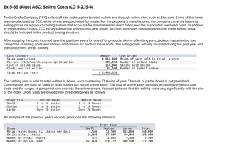 Ex 5-35 (Algo) ABC; Selling Costs (LO 5-2, 5-4)
Textile Crafts Company (TCC) sells craft kits and supplies to retail outlets and through online sites such as Etsy.com. Some of the items
are manufactured by TCC, while others are purchased for resale. For the products it manufactures, the company currently bases its
selling prices on a product-costing system that accounts for direct material, direct labor, and the associated overhead costs. In addition
to these product costs, TCC incurs substantial selling costs, and Roger Jackson, controller, has suggested that these selling costs
should be included in the product pricing structure.
After studying the costs incurred over the past two years for one of its products, skeins of knitting yarn, Jackson has selected four
categories of selling costs and chosen cost drivers for each of these costs. The selling costs actually incurred during the past year and
the cost drivers are as follows:
Cost Category
Sales commissions
Pay-per-click/Search engine optimization
Cost of online sales
Credit and collection
Total selling costs
The knitting yarn is sold to retail outlets in boxes, each containing 12 skeins of yarn. The sale of partial boxes is not permitted.
Commissions are paid on sales to retail outlets but not on online sales. The cost of online sales includes technology infrastructure
costs and the wages of personnel who process the online orders. Jackson believes that the selling costs vary significantly with the size
of the order. Order sizes are divided into three categories as follows:
Order Size
Small
Medium
Large
Online Sales
skeins
1 to 10
11 to 20 skeins
Over 20 skeins
Retail Sales
1 to 10 boxes
11 to 20 boxes
Over 20 boxes
An analysis of the previous year's records produced the following statistics.
Items
Retail sales boxes (12 skeins per box)
Online sales, skeins
Number of retail orders
Number of online leads
Amount
Cost Driver
$ 864,000 Boxes of yarn sold to retail stores
385,850 Number of online leads
114,000 Skeins sold online
82,500 Number of retail orders.
$ 1,446,350
Small
4,500
84,000
535
351,830
Order Size
Medium
52,500
57,000
2,665
319,370
Large
183,000
49,000
4,300
100,500
Total
240,000
190,000
7,500
771,700