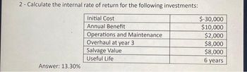 2- Calculate the internal rate of return for the following investments:
Initial Cost
Annual Benefit
Answer: 13.30%
Operations and Maintenance
Overhaul at year 3
Salvage Value
Useful Life
$-30,000
$10,000
$2,000
$8,000
$8,000
6
5 years