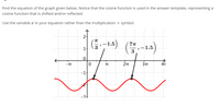 Find the equation of the graph given below. Notice that the cosine function is used in the answer template, representing a
cosine function that is shifted and/or reflected.
Use the variable x in your equation rather than the multiplication x symbol.
:-1.5)
-1.5
3
1.
3
-TT
TT
3TT
4т
