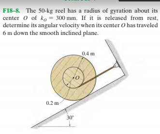 F18-8. The 50-kg reel has a radius of gyration about its
center o of ko = 300 mm. If it is released from rest,
determine its angular velocity when its center O has traveled
6 m down the smooth inclined plane.
0.4 m
0.2 m
30
