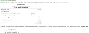 Variable Costing Income Statement
On April 30, the end of the first month of operations, Joplin Company prepared the following income statement, based on the absorption costing concept:
Joplin Company
Absorption Costing Income Statement
For the Month Ended April 30
Sales (3,900 units)
Cost of goods sold:
Cost of goods manufactured (4,600 units)
Inventory, April 30 (600 units)
Total cost of goods sold
Gross profit
Selling and administrative expenses
Operating income
$82,800
(10,800)
Joplin Company
Variable Costing Income Statement
For the Month Ended April 30
$97,500
(72,000)
$25,500
(15,130)
$10,370
If the fixed manufacturing costs were $17,388 and the fixed selling and administrative expenses were $7,410, prepare an income statement according to the variable costing concept. Round all final
answers to whole dollars.