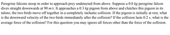 Peregrine falcons stoop in order to approach prey undetected from above. Suppose a 0.8 kg peregrine falcon
dives straight downwards at 90 m/s. It approaches a 0.3 kg pigeon from above and clutches this pigeon in its
talons; the two birds move off together in a completely inelastic collision. If the pigeon is initially at rest, what
is the downward velocity of the two birds immediately after the collision? If the collision lasts 0.2 s, what is the
average force of the collision? For this question you may ignore all forces other than the force of the collision.