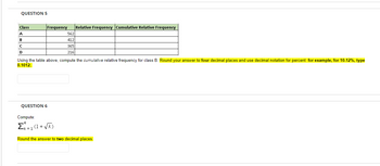QUESTION 5
Class
Frequency Relative Frequency Cumulative Relative Frequency
A
562
B
412
с
365
D
216
Using the table above, compute the cumulative relative frequency for class B. Round your answer to four decimal places and use decimal notation for percent: for example, for 10.12%, type
0.1012.
QUESTION 6
Compute:
Σ=1(1+VK)
Round the answer to two decimal places.