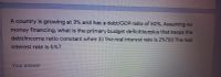 A country is growing at 3% and has a debt/GDP ratio of 50%. Assuming no
money financing, what is the primary budget deficit/surplus that keeps the
debt/income ratio constant when (i) The real interest rate is 2%?(ii) The real
interest rate is 5%?
Your answer
