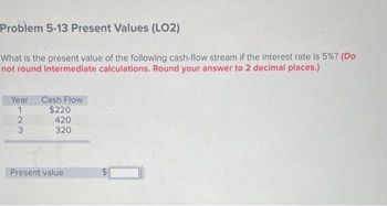 Problem 5-13 Present Values (LO2)
What is the present value of the following cash-flow stream if the interest rate is 5%? (Do
not round intermediate calculations. Round your answer to 2 decimal places.)
Year
1
2
3
Cash Flow
$220
420
320
Present value