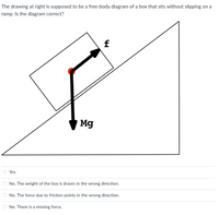 The drawing at right is supposed to be a free-body diagram of a box that sits without slipping on a
ramp. Is the diagram correct?
f
Mg
Yes.
No. The weight of the box is drawn in the wrong direction.
No. The force due to friction points in the wrong direction.
No. There is a missing force.
