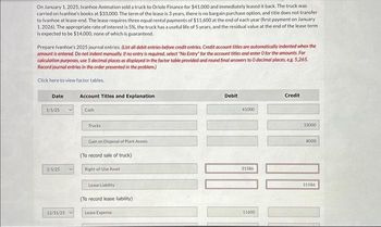 On January 1, 2025, Ivanhoe Animation sold a truck to Oriole Finance for $41,000 and immediately leased it back. The truck was
carried on Ivanhoe's books at $33,000. The term of the lease is 3 years, there is no bargain purchase option, and title does not transfer
to Ivanhoe at lease-end. The lease requires three equal rental payments of $11,600 at the end of each year (first payment on January
1,2026). The appropriate rate of interest is 5%, the truck has a useful life of 5 years, and the residual value at the end of the lease term
is expected to be $14,000, none of which is guaranteed.
Prepare Ivanhoe's 2025 journal entries. (List all debit entries before credit entries. Credit account titles are automatically indented when the
amount is entered. Do not indent manually. If no entry is required, select "No Entry" for the account titles and enter O for the amounts. For
calculation purposes, use 5 decimal places as displayed in the factor table provided and round final answers to 0 decimal places, e.g. 5,265.
Record journal entries in the order presented in the problem.)
Click here to view factor tables.
Date
1/1/25
1/1/25
12/31/25
Account Titles and Explanation
Cash
Trucks
Gain on Disposal of Plant Assets
(To record sale of truck)
Right-of-Use Asset
Lease Liability
(To record lease liability)
Lease Expense
Debit
41000
31586
11600
Credit
33000
8000
31586