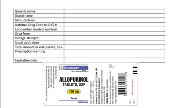 1000 Tablets
48, Kandivli Ind Estate, Mumbai 400 067, India
by: Ipca Laboratories Limited
Jacksonville, FL 32257 USA
Ranbaxy Pharmaceuticals Inc.
Manufactured for
Rx only
LOT:
EXP:
100 mg
TABLETS, USP
ALLOPURINOL
N
Each scored tablet contains:
Allopurinol, USP........100 mg
Store at 20° to 25°C (68° to 77° F) [See USP
Controlled Room Temperature].
Dispense in tight, light-resistant container
as defined in the USP.
USUAL DOSE: One tablet daily.
For indications, dosage, precautions, etc.,
see accompanying package insert.
Code: DNH/DRUGS/NH/170
3 633041153910
NDC 63304-539-10
Non varnish area
R RANBAXY
LBZTL6
0311
Expiration date
Prescription warning
Total amount in vial, packet, box
Usual adult dose
Dosage strength
Drug form
Lot number (control number)
National Drug Code (N D C) #
Manufacturer
Brand name
Generic name