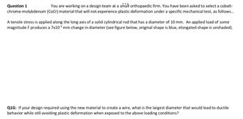 Question 1
You are working on a design team at a small orthopaedic firm. You have been asked to select a cobalt-
chrome-molybdenum (CoCr) material that will not experience plastic deformation under a specific mechanical test, as follows...
A tensile stress is applied along the long axis of a solid cylindrical rod that has a diameter of 10 mm. An applied load of some
magnitude F produces a 7x10-³ mm change in diameter (see figure below, original shape is blue, elongated shape is unshaded).
Q1G: If your design required using the new material to create a wire, what is the largest diameter that would lead to ductile
behavior while still avoiding plastic deformation when exposed to the above loading conditions?