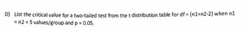 D) List the critical value for a two-tailed test from the t distribution table for df = (n1+n2-2) when n1
= n2 = 5 values/group and p = 0.05.