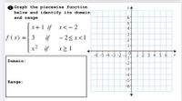 Graph the piecewise function
below and identify its domain
and range
5
x+1 if x<- 2
3
f (x) ={ 3
if
- 2<x<1
2
1
x2 if x2 1
-6 -5 -4 -3 -2 -1
i 2 3 4 5 6
Domain:
-2
-3'
-4
-5-
Range :
-6'
4.
