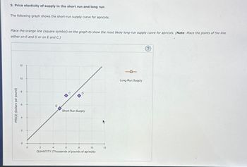 5. Price elasticity of supply in the short run and long run
The following graph shows the short-run supply curve for apricots.
Place the orange line (square symbol) on the graph to show the most likely long-run supply curve for apricots. (Note: Place the points of the line
either on E and D or on E and C.)
PRICE (Dollars per pound)
12
10
8
2
0
0
2
4
с
8
10
QUANTITY (Thousands of pounds of apricots)
O
Short-Run Supply
6
12
Long-Run Supply
?