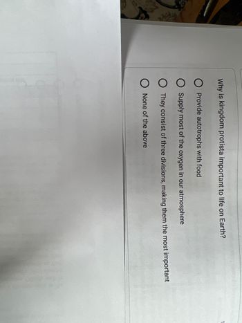 Why is kingdom protista important to life on Earth?
Provide autotrophs with food
Supply most of the oxygen in our atmosphere
They consist of three divisions, making them the most important
None of the above