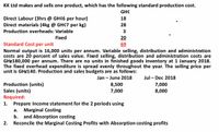 KK Ltd makes and sells one product, which has the following standard production cost.
GH¢
Direct Labour (3hrs @ GH¢6 per hour)
Direct materials (4kg @ GH¢7 per kg)
18
28
Production overheads: Variable
20
69
Fixed
Standard Cost per unit
Normal output is 16,000 units per annum. Variable selling, distribution and administration
costs are 20 percent of sales value. Fixed selling, distribution and administration costs are
GH¢180,000 per annum. There are no units in finished goods inventory at 1 January 2018.
The fixed overhead expenditure is spread evenly throughout the year. The selling price per
unit is GH¢140. Production and sales budgets are as follows:
Jan - June 2018
Jul - Dec 2018
Production (units)
Sales (units)
Required:
Prepare Income statement for the 2 periods using
Marginal Costing
and Absorption costing
Reconcile the Marginal Costing Profits with Absorption costing profits
8,500
7,000
7,000
8,000
1.
а.
b.
2.
