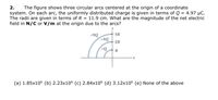 2.
The figure shows three circular arcs centered at the origin of a coordinate
system. On each arc, the uniformly distributed charge is given in terms of Q = 4.97 µC.
The radii are given in terms of R = 11.9 cm. What are the magnitude of the net electric
field in N/C or V/m at the origin due to the arcs?
+9Q
3R
-1Q
2R
(a) 1.85x106 (b) 2.23x106 (c) 2.84x106 (d) 3.12x106 (e) None of the above
