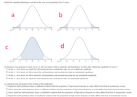 Sketch the sampling distribution and show the area corresponding to the P-value.
a
b
O-3
-2
-1
1
2
O-3
-2
-1
2
d
C
-2
-1
1.
O-3
-2
-1
1
3
(d) Based on your answers in parts (a) to (c), will you reject or fail to reject the null hypothesis? Are the data statistically significant at level a?
O At the a = 0.01 level, we reject the null hypothesis and conclude the data are not statistically significant.
O At the a = 0.01 level, we fail to reject the null hypothesis and conclude the data are statistically significant.
O At the a = 0.01 level, we fail to reject the null hypothesis and conclude the data are not statistically significant.
O At the a = 0.01 level, we reject the null hypothesis and conclude the data are statistically significant.
(e) Interpret your conclusion in the context of the application.
O Reject the null hypothesis, there is sufficient evidence that the proportion of high-school dropouts on Oahu differs from that of Sweetwater County.
O Fail to reject the null hypothesis, there is sufficient evidence that the proportion of high-school dropouts on Oahu differs from that of Sweetwater County.
O Fail to reject the null hypothesis, there is insufficient evidence that the proportion of high-school dropouts on Oahu differs from that of Sweetwater County.
O Reject the null hypothesis, there is insufficient evidence that the proportion of high-school dropouts on Oahu differs from that of Sweetwater County.
