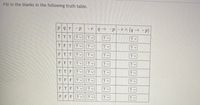 Fill in the blanks in the following truth table.
q → - p -r ^ (q → -p)
TTT
? v
? v
?く
TFT
? v
? v
FTT?v
? v
? v
FFT
? v
? v
? v
? v
TTF?
? v
? v
TFF
? v
? v
? v
? v
FTF?v
? v
? v
FFF?| ?
? v
? v
ににに
