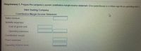 Requirement 1. Prepare the company's current contribution margin income statement. (Use parentheses or a minus sign for an operating loss.)
Valet Seating Company
Contribution Margin Income Statement
Sales revenue
Variable expenses:
Cost of goods sold
Operating expenses
Contribution margin
Fixed expenses
Operating income (loss)
