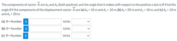 The components of vector A are Ax and Ay (both positive), and the angle that it makes with respect to the positive x axis is 8. Find the
angle if the components of the displacement vector A are (a) Ax 10 m and Ay - 10 m, (b) Ax-20 m and Ay - 10 m, and (c) Ax - 10 m
and Ay - 20 m.
(a) 9-Number i
(b) 9- Number i
(c) e-Number i
Units
Units
Units