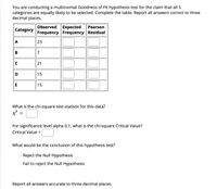 You are conducting a multinomial Goodness of Fit hypothesis test for the claim that all 5
categories are equally likely to be selected. Complete the table. Report all answers correct to three
decimal places.
Observed Expected
Frequency Frequency Residual
Pearson
Category
А
23
7
C
21
15
E
15
What is the chi-square test-statistic for this data?
For significance level alpha 0.1, what is the chi-square Critical Value?
Critical Value =
What would be the conclusion of this hypothesis test?
Reject the Null Hypothesis
Fail to reject the Null Hypothesis
Report all answers accurate to three decimal places.
