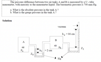 The pressure difference between two air tanks A and B is measured by a U-tube
manometer, with mercury as the manometer liquid. The barometric pressure is 700 mm Hg.
a. What is the absolute pressure in the tank A?
b. What is the gauge pressure in the tank A ?
Solution
A
air
Pa
Zo
h₁
= 2 cm
B
air
vacuum
Pb
Hg
h₂ = 86 cm
Z₁