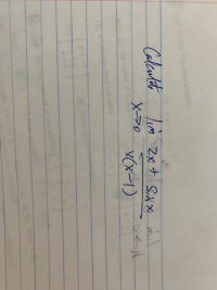 Title: Calculating the Limit of a Function

Content:

In this example, we are tasked with calculating the limit of the following mathematical expression as \( x \) approaches 0:

\[ \lim_{{x \to 0}} \frac{2x + \sin(x)}{x(1-x)} \]

To solve this, we need to apply limit laws and potentially L'Hopital's Rule, since this limit involves a fraction where the numerator and denominator both approach 0 as \( x \) approaches 0. 

Steps:
1. **Substitute x with 0 in the expression**: Initially substitute \( x = 0 \) to check the form of the limit:
   \[ \frac{2(0) + \sin(0)}{0(1-0)} = \frac{0 + 0}{0 \cdot 1} = \frac{0}{0} \]

   Since we obtain the indeterminate form \( \frac{0}{0} \), we need to apply further methods, such as L'Hopital's Rule. This rule states that for the limits of the indeterminate form \( \frac{0}{0} \) or \( \frac{\pm\infty}{\pm\infty} \), we can take the derivatives of the numerator and the denominator:

2. **Differentiate numerator and denominator separately**:
   - Numerator: \( \frac{d}{dx}(2x + \sin(x)) = 2 + \cos(x) \)
   - Denominator: \( \frac{d}{dx}[x(1-x)] = \frac{d}{dx}[x - x^2] = 1 - 2x \)

3. **Apply L'Hopital's Rule**: Substitute these derivatives back into the limit expression:
   \[ \lim_{{x \to 0}} \frac{2 + \cos(x)}{1 - 2x} \]

4. **Evaluate the limit**: Now substitute \( x = 0 \) to compute the limit:
   \[ \frac{2 + \cos(0)}{1 - 2(0)} = \frac{2 + 1}{1 - 0} = \frac{3}{1} = 3 \]

Therefore, the limit of the given function as \( x \) approaches 0 is 