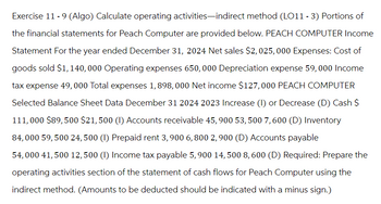 Exercise 11 -9 (Algo) Calculate operating activities-indirect method (LO11-3) Portions of
the financial statements for Peach Computer are provided below. PEACH COMPUTER Income
Statement For the year ended December 31, 2024 Net sales $2,025, 000 Expenses: Cost of
goods sold $1,140,000 Operating expenses 650,000 Depreciation expense 59,000 Income
tax expense 49,000 Total expenses 1,898,000 Net income $127,000 PEACH COMPUTER
Selected Balance Sheet Data December 31 2024 2023 Increase (1) or Decrease (D) Cash $
111,000 $89,500 $21,500 (1) Accounts receivable 45, 900 53, 500 7,600 (D) Inventory
84,000 59,500 24,500 (1) Prepaid rent 3, 900 6,800 2,900 (D) Accounts payable
54,000 41, 500 12,500 (1) Income tax payable 5, 900 14, 500 8,600 (D) Required: Prepare the
operating activities section of the statement of cash flows for Peach Computer using the
indirect method. (Amounts to be deducted should be indicated with a minus sign.)