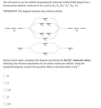 On the educational webpage, you need to use the unfilled (unpopulated) molecular-orbital (MO) diagram for a homonuclear diatomic molecule or ion, such as O₂, F₂, O₂⁺, F₂⁺, O₂⁻, or F₂⁻.

**IMPORTANT:** This diagram includes only valance orbitals.

### Diagram Overview:

The MO diagram depicted includes orbitals arranged as follows:

- **Left Side (Atomic Orbitals for One Atom):**
  - 2s orbital
  - 2p orbitals (three lines of equal energy)

- **Middle (Molecular Orbitals):**
  - σ (sigma) 2s
  - σ* (sigma star) 2s
  - π (pi) 2p (two orbitals of equal energy)
  - σ (sigma) 2p
  - π* (pi star) 2p (two orbitals of equal energy)
  - σ* (sigma star) 2p

- **Right Side (Atomic Orbitals for Another Atom):**
  - 2s orbital
  - 2p orbitals (three lines of equal energy)

Dashed lines connect corresponding atomic orbitals to molecular orbitals, highlighting the interactions forming the molecular orbitals.

### Instructions:

1. **Complete the Diagram:**
   - Focus on the O₂⁺ molecular cation.
   - Indicate the electron populations for all valance molecular orbitals on scratch paper.

2. **Determine the Bond Order:**
   - After filling in the electrons, calculate the bond order.

### Question:

What is the bond order in O₂⁺?

- Options:
  - 0
  - 1
  - 1.5
  - 2
  - 2.5