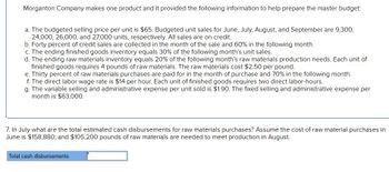 Morganton Company makes one product and it provided the following information to help prepare the master budget:
a. The budgeted selling price per unit is $65. Budgeted unit sales for June, July, August, and September are 9,300,
24,000, 26,000, and 27,000 units, respectively. All sales are on credit.
b. Forty percent of credit sales are collected in the month of the sale and 60% in the following month.
c. The ending finished goods inventory equals 30% of the following month's unit sales.
d. The ending raw materials inventory equals 20% of the following month's raw materials production needs. Each unit of
finished goods requires 4 pounds of raw materials. The raw materials cost $2.50 per pound.
e. Thirty percent of raw materials purchases are paid for in the month of purchase and 70% in the following month.
f. The direct labor wage rate is $14 per hour. Each unit of finished goods requires two direct labor-hours.
g. The variable selling and administrative expense per unit sold is $1.90. The fixed selling and administrative expense per
month is $63,000.
7. In July what are the total estimated cash disbursements for raw materials purchases? Assume the cost of raw material purchases in
June is $158,880; and $105,200 pounds of raw materials are needed to meet production in August.
Total cash disbursements