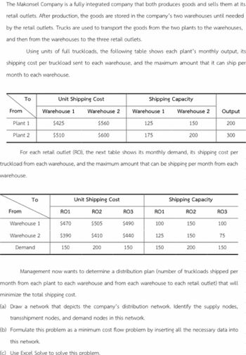 The Makonsel Company is a fully integrated company that both produces goods and sells them at its
retail outlets. After production, the goods are stored in the company's two warehouses until needed
by the retail outlets. Trucks are used to transport the goods from the two plants to the warehouses,
and then from the warehouses to the three retail outlets.
Using units of full truckloads, the following table shows each plant's monthly output, its
shipping cost per truckload sent to each warehouse, and the maximum amount that it can ship per
month to each warehouse.
From
To
Plant 1
Plant 2
From
To
Unit Shipping Cost
Warehouse 1
Warehouse 2
Demand
Warehouse 1
$425
$510
RO1
$470
$390
Warehouse 2
$560
$600
150
Unit Shipping Cost
For each retail outlet (RO), the next table shows its monthly demand, its shipping cost per
truckload from each warehouse, and the maximum amount that can be shipping per month from each
warehouse.
RO2
$505
$410
200
Warehouse 1
this network.
(c) Use Excel Solve to solve this problem.
RO3
Shipping Capacity
$490
$440
150
125
175
RO1
100
125
Warehouse 2
150
150
200
Shipping Capacity
RO2
150
Output
200
300
150
200
RO3
100
75
150
Management now wants to determine a distribution plan (number of truckloads shipped per
month from each plant to each warehouse and from each warehouse to each retail outlet) that will
minimize the total shipping cost.
(a) Draw a network that depicts the company's distribution network. Identify the supply nodes,
transshipment nodes, and demand nodes in this network.
(b) Formulate this problem as a minimum cost flow problem by inserting all the necessary data into