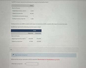 Sandhill Company reported the following information for the month of April:
Units
Work in Process
Beginning inventory, April 1
8,500
Added to production
40,500
Completed and transferred out
?
Ending inventory, April 30
5,300
Ending inventory was 100% complete with respect to materials and 88% complete with respect to conversion costs.
Sandhill also reported the following cost information in April:
Costs
Materials
Conversion
Work in Process
Beginning inventory, April 1
$10,500
$16,092
Added to production
67,900
129,000
(a)
Your answer is incorrect.
What was the cost per equivalent unit for materials? (Round answer to 2 decimal places, e.g. 15.25.)
Materials cost per EU
$