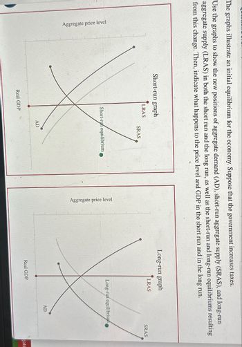 The graphs illustrate an initial equilibrium for the economy. Suppose that the government increases taxes.
Use the graphs to show the new positions of aggregate demand (AD), short-run aggregate supply (SRAS), and long-run
aggregate supply (LRAS) in both the short run and the long run, as well as the short-run and long-run equilibriums resulting
from this change. Then, indicate what happens to the price level and GDP in the short run and in the long run.
Aggregate price level
Short-run graph
LRAS
SRAS
Short-run equilibrium
Real GDP
AD
Aggregate price level
Long-run graph
LRAS
Long-run equilibrium
Real GDP
AD
SRAS
gate