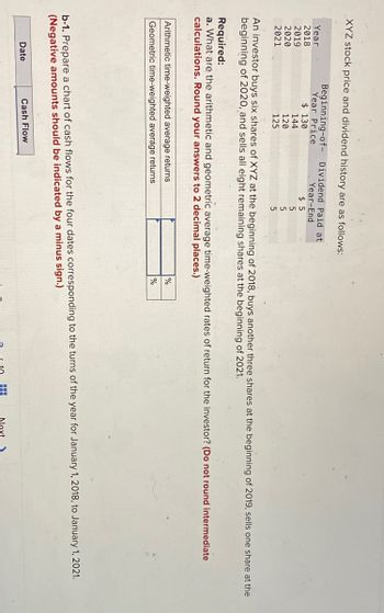 XYZ stock price and dividend history are as follows:
Dividend Paid at
Year-End
$5
Year
2018
2019
2020
2021
Beginning-of-
Year Price
$ 130
144
120
125
An investor buys six shares of XYZ at the beginning of 2018, buys another three shares at the beginning of 2019, sells one share at the
beginning of 2020, and sells all eight remaining shares at the beginning of 2021.
Required:
a. What are the arithmetic and geometric average time-weighted rates of return for the investor? (Do not round intermediate
calculations. Round your answers to 2 decimal places.)
Arithmetic time-weighted average returns
Geometric time-weighted average returns
5
5
5
Date
b-1. Prepare a chart of cash flows for the four dates corresponding to the turns of the year for January 1, 2018, to January 1, 2021.
(Negative amounts should be indicated by a minus sign.)
Cash Flow
%
%