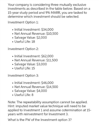 Answered: What Is The PW Of The Investment Option… | Bartleby