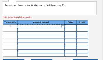 Record the closing entry for the year ended December 31.
Note: Enter debits before credits.
Transaction
1
General Journal
Debit
Credit