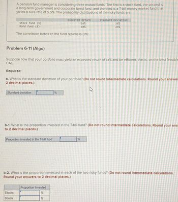 A pension fund manager is considering three mutual funds. The first is a stock fund, the second is
a long-term government and corporate bond fund, and the third is a T-bill money market fund that
yields a sure rate of 5.5%. The probability distributions of the risky funds are:
Stock fund (5)
Expected Return
16%
10%
Bond fund (B)
The correlation between the fund returns is 0.10.
Standard Deviation
38%
29%
Problem 6-11 (Algo)
Suppose now that your portfollo must yield an expected return of 13% and be efficient, that is, on the best feasible
CAL.
Required:
a. What is the standard deviation of your portfollo? (Do not round Intermediate calculations. Round your answer
2 decimal places.)
Standard deviation
%
ما
b-1. What is the proportion Invested in the T-bill fund? (Do not round Intermedlate calculations. Round your ans
to 2 decimal places.)
Proportion invested in the T-bill fund
%
b-2. What is the proportion Invested in each of the two risky funds? (Do not round Intermediate calculations.
Round your answers to 2 decimal places.)
Proportion Invested
Stocks
%
Bonds
%