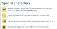 Special characters
Newline: Created with an expression for inserting a new line
such as \n, endlI(C++), and println(Java).
Space: An unexpected space was detected in the output.
Tab: Created with an expression for inserting a tab, such as \t.
Replacement: System is unable to render this character.
