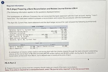 Required information
P6-5 (Algo) Preparing a Bank Reconciliation and Related Journal Entries LO6-4
[The following information applies to the questions displayed below.]
The bookkeeper at Jefferson Company has not reconciled the bank statement with the Cash account, saying, "I don't
have time." You have been asked to prepare a reconciliation and review the procedures with the bookkeeper.
The April 30, Current Year, bank statement and the April ledger account for cash showed the following (summarized):
Balance, April 1, Current Year
BANK STATEMENT
Checks
Deposits
Balance
$31,800
$36,900
68,700
1,270
69,970
$45,400
24,570
280
130
24,290
24,160
24,160
Deposits during April
Interest collected
Checks cleared during April
NSF check-A. B. Wright
Bank service charges
Balance, April 30, Current Year
Debit
April 1 Balance
April Deposits
Cash (A)
Credit
23,900
42,300
April Checks written
43,800
A comparison of checks written before and during April with the checks cleared through the bank showed outstanding
checks at the end of April of $6,300 (including $4,700 written before and $1,600 written during April). No deposits in
transit were carried over from March, but a deposit was in transit at the end of April.
P6-5 Part 2
2. Prepare the journal entries that the company should make as a result of the bank reconciliation.
Note: If no entry is required for a transaction/event, select "No journal entry required" in the first account field.